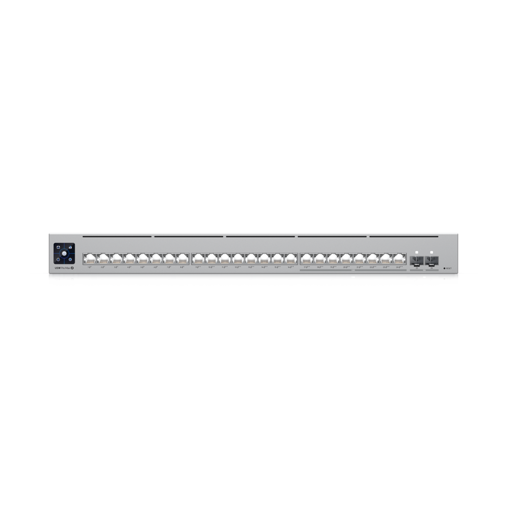 UniFi Switch Pro Max 24 POE, 24 puertos (8 puertos POE++ 2.5 GbE y 16 puertos GbE POE+), 2 puertos SFP+ 10G, 400W, pantalla táctil