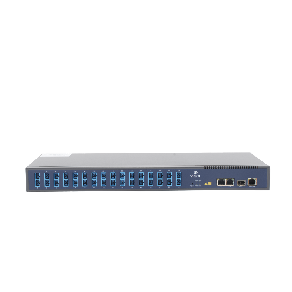 OLT de 1 GPON puerto con Splitter de 1 a 32 SC/UPC Incluido  + 3 puertos Uplink (2 puertos Gigabit Ethernet + 1 puerto SFP/SFP+) , hasta 128 ONUS