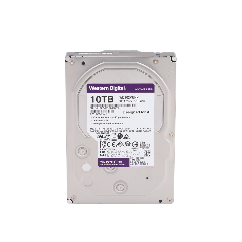 Disco Duro Purple Pro de 10 TB / 7200 RPM / Optimizado para Soluciones de Videovigilancia con Analiticos (Meta Data) / Uso 24-7 / 5 Años de Garantia
