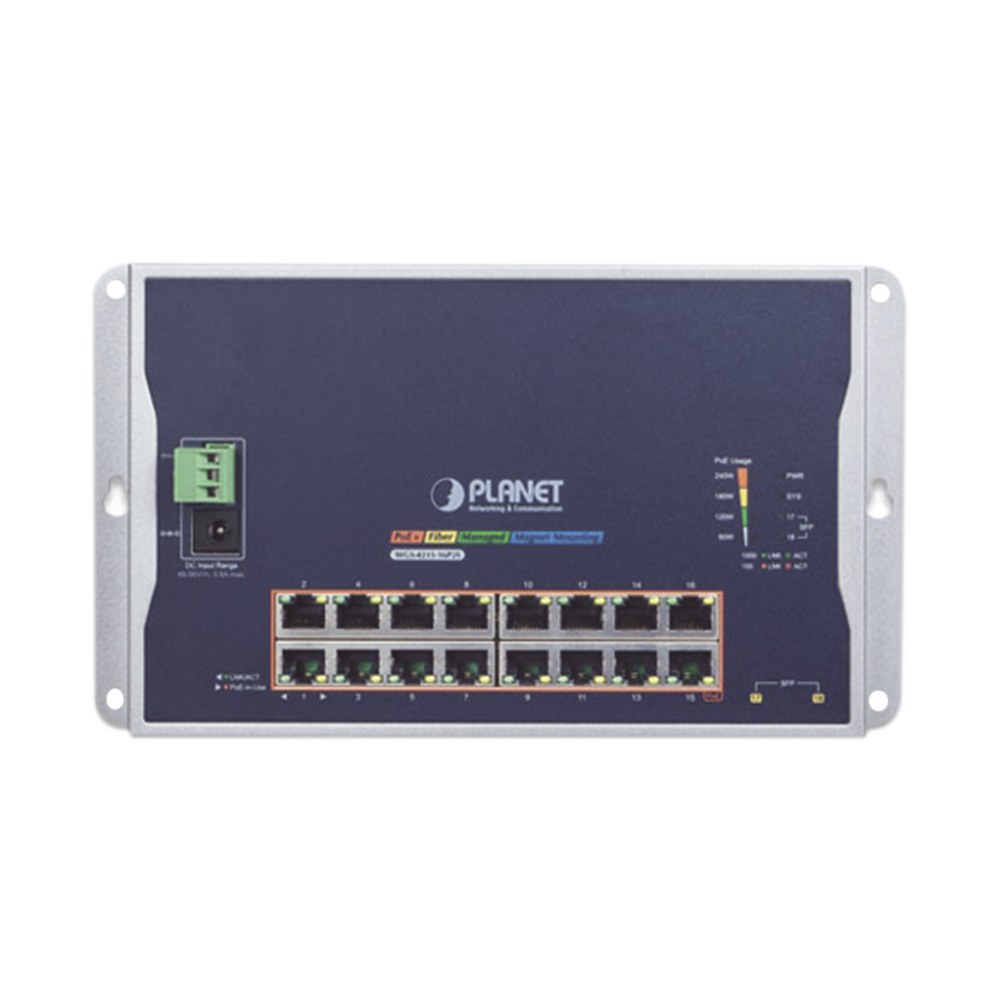 Switch Industrial Administrable Capa 2 de Pared,16 Puertos PoE 802.3at Gigabit y 2 Puertos SFP