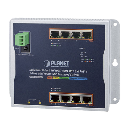 Switch Industrial PoE Administrable de Pared Capa 2, 8 Puertos Gigabit PoE 802.3at y 2 Puertos 100/1000X SFP