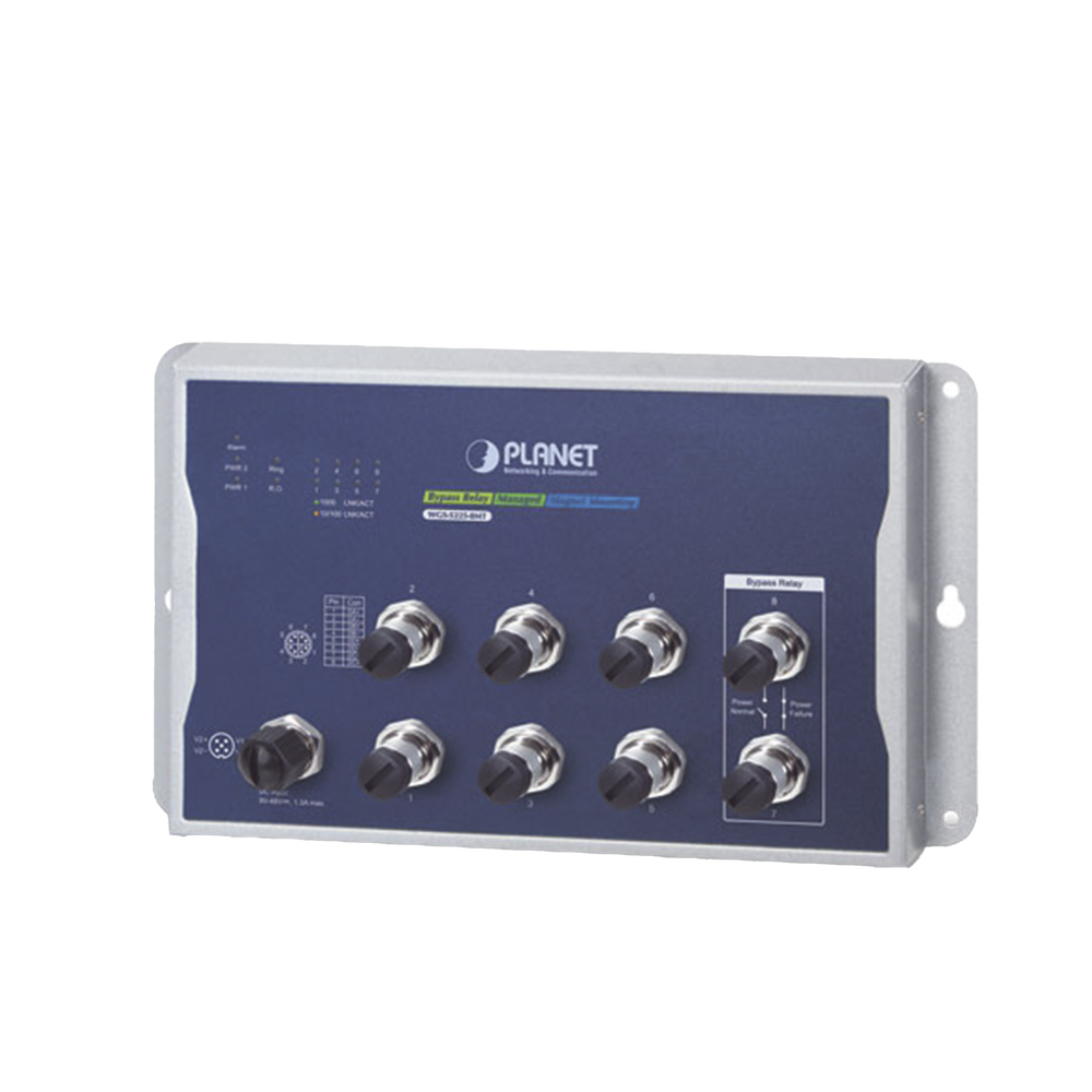 Switch Industrial Tipo Plano, Capa 2, 8 Puertos M12 10/100/1000T, Con Modo Bypass, Carcasa IP40
