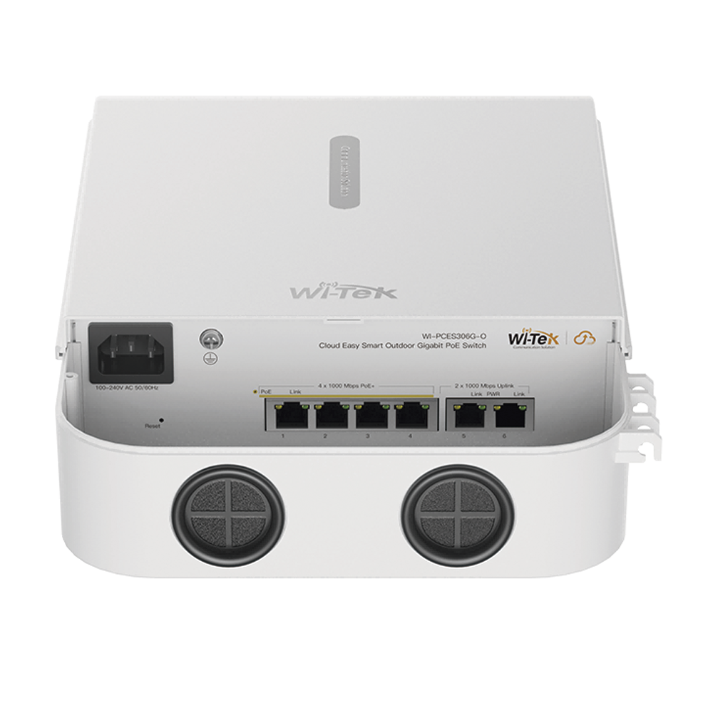 Switch PoE para exterior / Administración en la nube / Con 4 puertos 10/100 Mbsp PoE af/at / 2 Puertos Uplink 10/100 MBPS /  Presupuesto 60 W / PoE hasta 250 metros / Soporta protocolo ONVIF