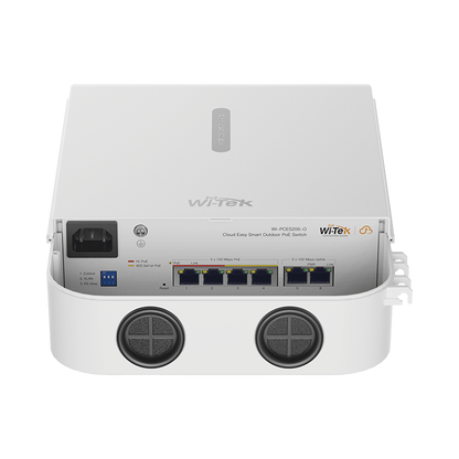 Switch PoE para exterior / Administración en la nube / Con 4 puertos 10/100 Mbsp PoE af/at / 2 Puertos Uplink 10/100 MBPS /  Presupuesto 60 W / PoE hasta 250 metros / Soporta protocolo ONVIF