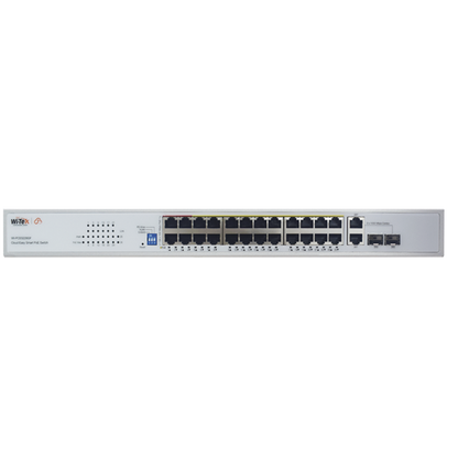 Switch PoE (802.3af/at/bt) / No administrable de largo alcance / Hasta 250m / Con 24 x 10/100Mbps + 2 x SFP Gigabit Combo / 250 W