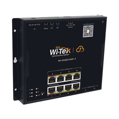 Switch L2 PoE Industrial / Administración Cloud Gratuita / 8 Puertos PoE af/at/bt 10/100/1000 Mbps / 2 Puertos SFP Gigabit / Máx Presupuesto PoE 145 W / Montaje Magnético - Riel DIN.