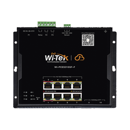 Switch L2 PoE Industrial / Administración Cloud Gratuita / 8 Puertos PoE af/at/bt 10/100/1000 Mbps / 2 Puertos SFP Gigabit / Máx Presupuesto PoE 145 W / Montaje Magnético - Riel DIN.