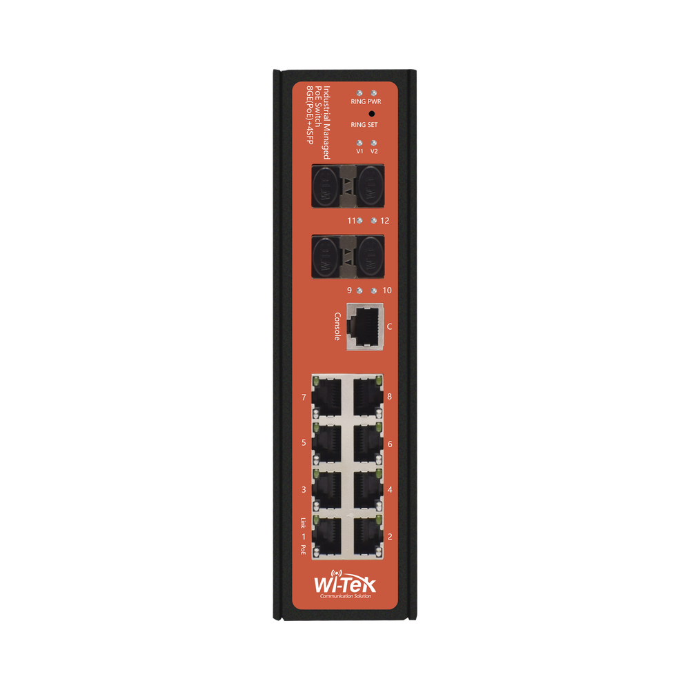 Switch Industrial administrable PoE, puerto 1-2 PoE 24/48. puertos 3-8 puertos 802.3 af/at/bt, hasta 60 W