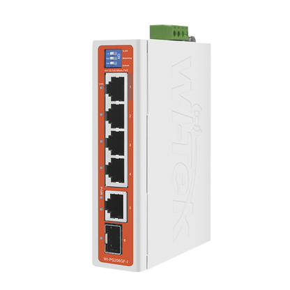 Switch Industrial / 4 Puertos 10/100 Mbps con PoE 802.3af/at / 2 Puertos Uplink Gigabit (1 Rj45 - 1 SFP) / PoE Hasta 250 m
