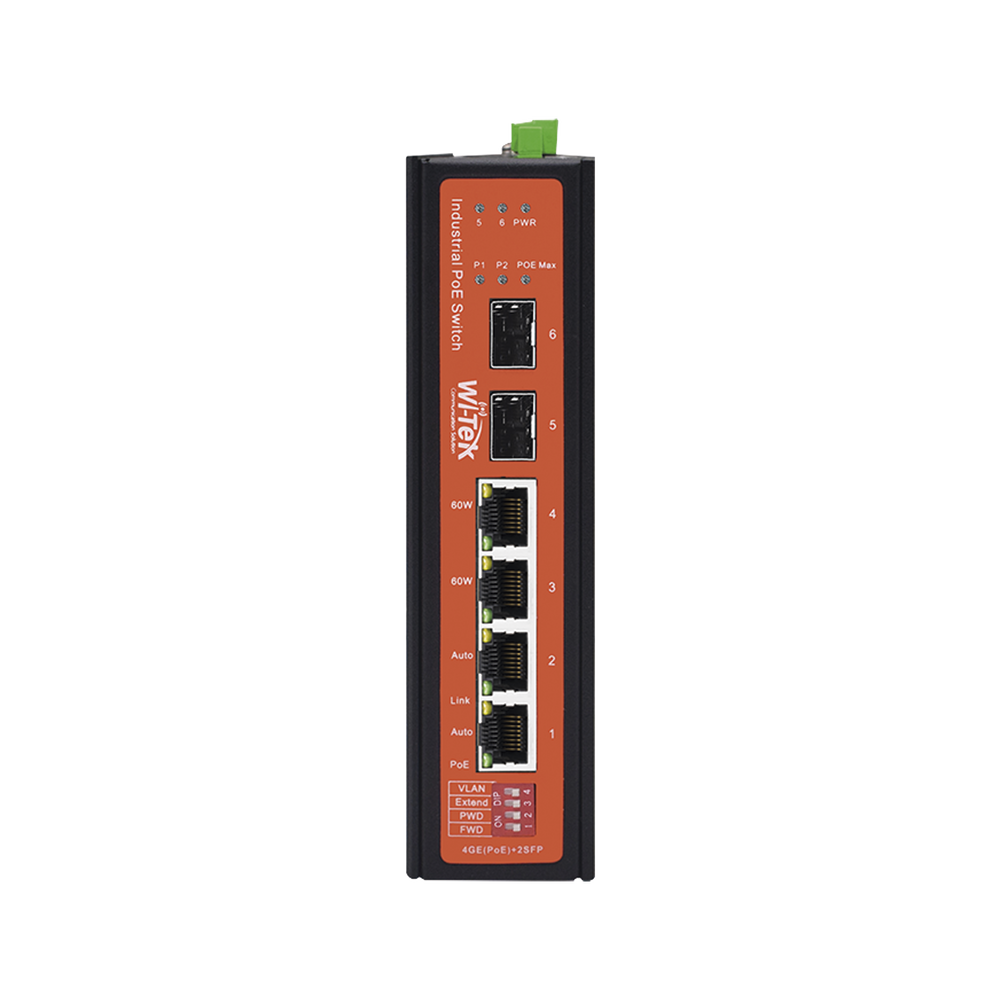 Switch Industrial PoE++ y pasivo de 24V / No administrable con 4 puertos Gigabit + 2 SFP / Presupuesto máx 180 W / Watchdog