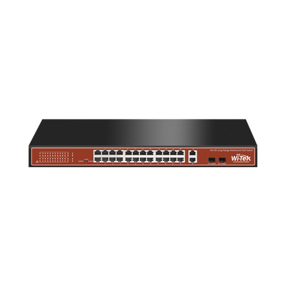Switch PoE (802.3af/at/bt) / No administrable de largo alcance / Hasta 250m / Con 24 x 10/100Mbps + 2 x SFP Gigabit Combo / 250 W