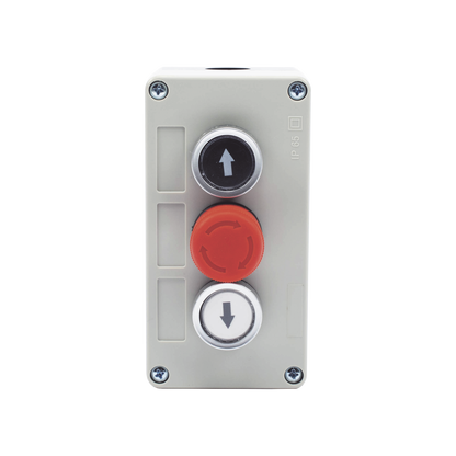 Botonera Triple con Boton de Stop Tipo Enclavado / Para Barreras Vehiculares, Operadores Corredizos y Abatibles.