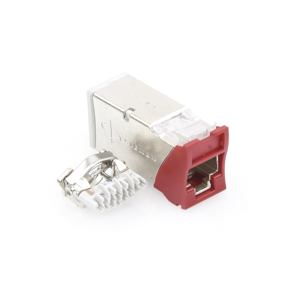 Jack Z-MAX Cat6A, Blindado, Montaje Híbrido en Placa de Pared (Plano y Angulado), Color Rojo