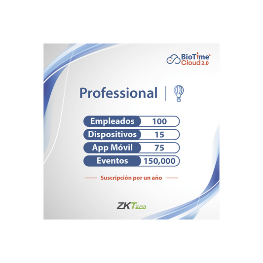 LICENCIA PROFESSIONAL BIOTIME CLOUD 2.0  / 100 USUARIOS / 15 DISPOSITIVOS (Licencia Anual)