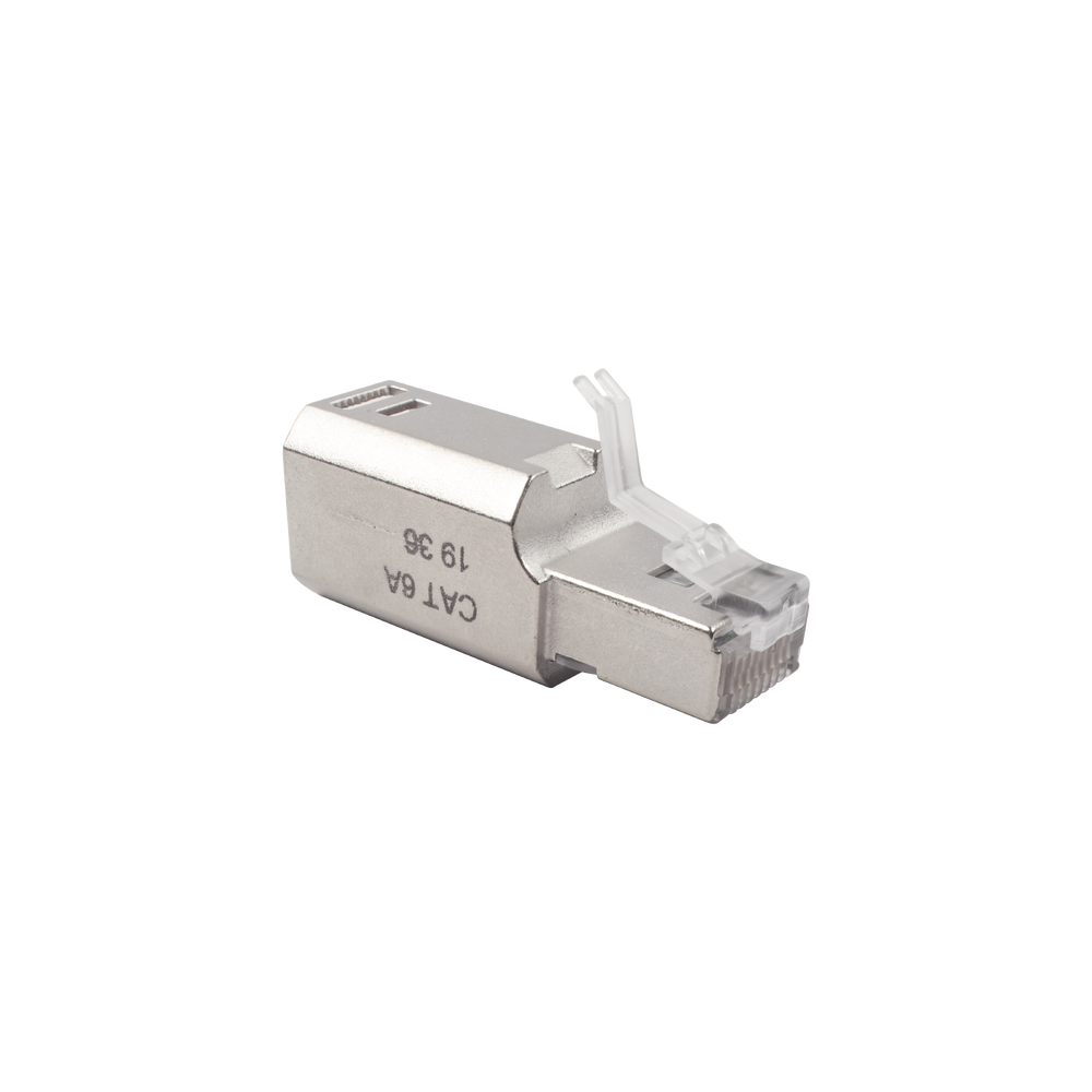 Plug RJ45 Cat6A Blindado, Terminación en Campo, Compatible con Todas las Categorías, con Clip Protector de Seguro