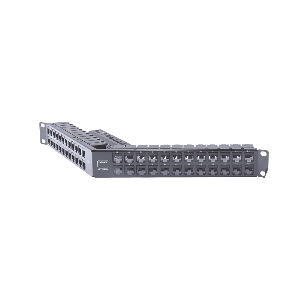 Patch Panel Z-MAX de 48 Puertos, Blindado, Modular (Vacío), Angulado, 1UR