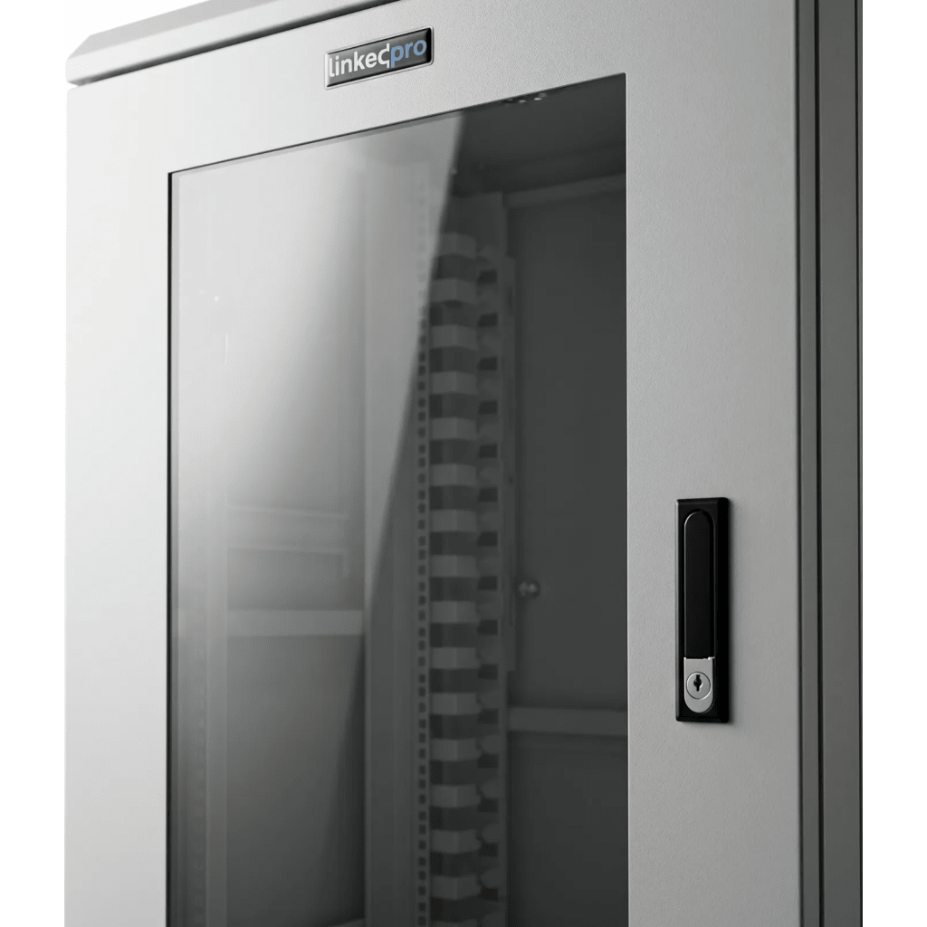 Gabinete Rack 19 Pulgadas / 18 Unidades / Piso / Puerta de Cristal / Acero Calibres 16-18-20 / Capacidad 750 kg (1653.5 lb) / Dimensiones 60 cm (23.6 in) x 93 cm (36.6 in) x 46 cm (18.1 in)