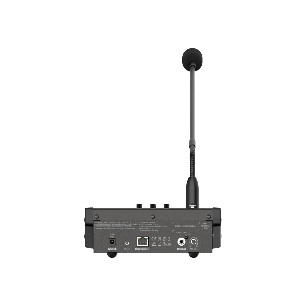 Micrófono IP SIP / Frecuencia 100Hz~6kHz / PoE IEEE 802.3 af / 10/100 Base-T / Protocolos SIP, HTTP, HTTPS / Seguridad SHA-2 / Certificaciones EMC y Safety