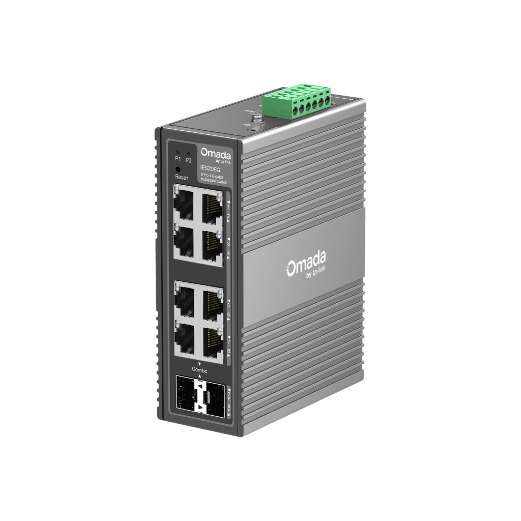 Switch Industrial Omada Easy Managed / 8 Puertos Gigabit (6× RJ45 + 2× RJ45/SFP Combo) / 16 Gbps Switching / -40°C a 75°C / Protección Rayos 6kV / Gestión Cloud / Montaje DIN Rail o Pared / IP40