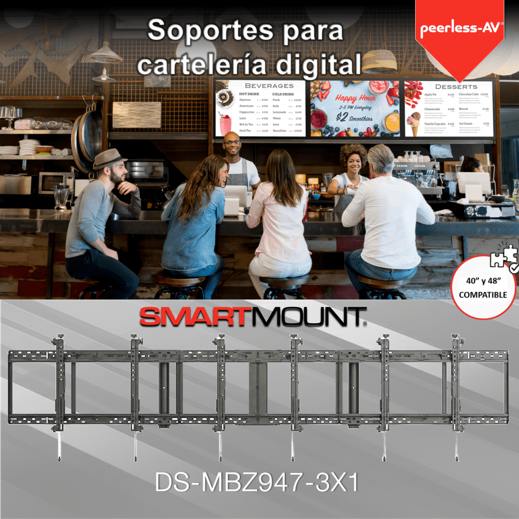 Soporte para Pantallas desde 46" tipo Menu Board / 8 Puntos Ajuste Tool-Less / 3x1 Configuración / Carga maxima (136 kg) / Inclinación +15° / Ajuste Horizontal Continuo