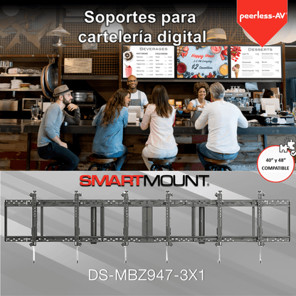 Soporte para Pantallas desde 46" tipo Menu Board / 8 Puntos Ajuste Tool-Less / 3x1 Configuración / Carga maxima (136 kg) / Inclinación +15° / Ajuste Horizontal Continuo