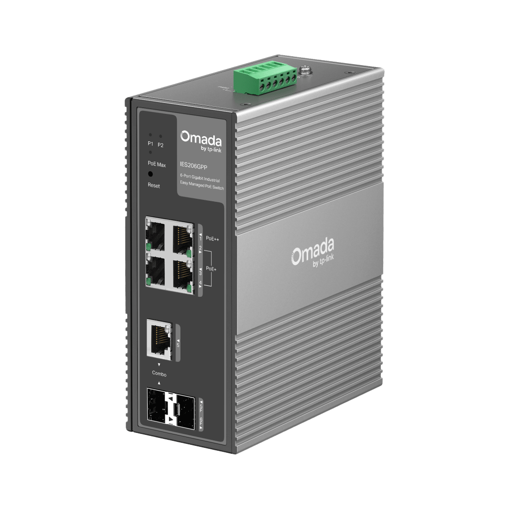 Switch Industrial Easy Managed / 6 Puertos Gigabit (4 PoE) / 120W PoE Budget / IP40 / -40°C a 75°C / 6kV Protección Rayos / Cloud Management Omada / DIN-Rail