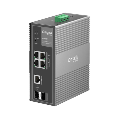 Switch Industrial Easy Managed / 6 Puertos Gigabit (4 PoE) / 120W PoE Budget / IP40 / -40°C a 75°C / 6kV Protección Rayos / Cloud Management Omada / DIN-Rail