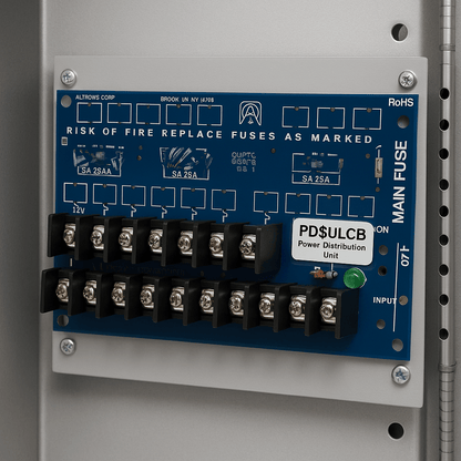 Módulo de Distribución de Energía UL PD8ULCB / 8 Salidas Clase 2 PTC Protegidas / Entrada 12-24VDC o 24-28VAC / Auto-resetable / Montaje Incluido / Garantía de Por Vida