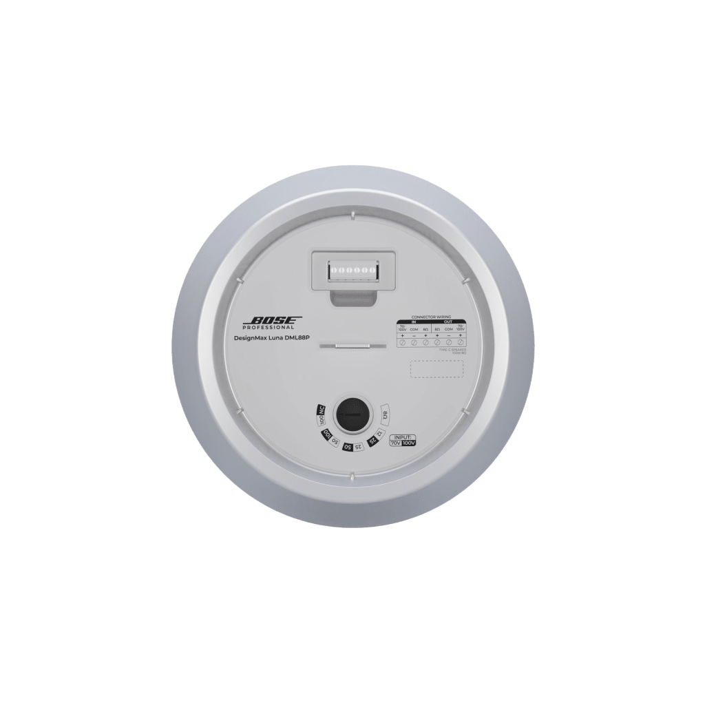 Altavoz Colgante Luna | Designmax | Sistema de Rango Extendido | Array Circular Ring Array™ 8 Drivers | Woofer 8" Integrado | Cobertura 140° | Color Blanco
