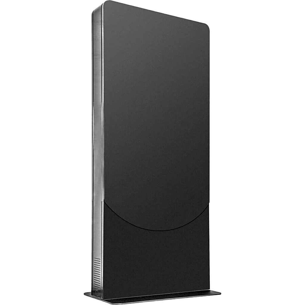 Kiosko tipo Vertical color negro para Pantallas 55" / Construcción Totalmente en Acero / Base Plana / 6 Tomas Eléctricas con Supresor de Picos / Ventilación Termostática / Capacidad de Carga 125-150 lb (56-68 kg)