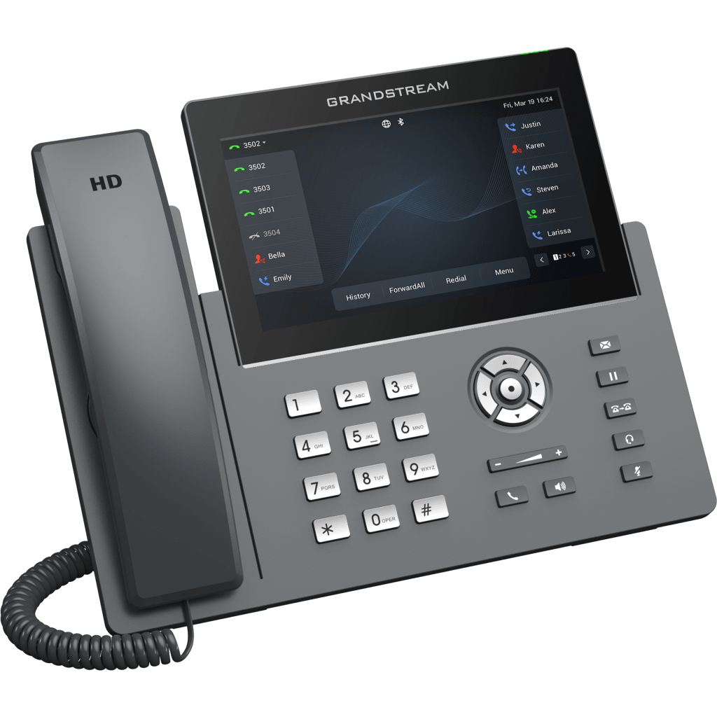 Teléfono IP Wi-Fi, Grado Operador, 12 líneas SIP con 6 cuentas, pantalla táctil  7", puertos Gigabit, Bluetooth, PoE, codec Opus, IPV4/IPV6 con gestión en la nube GDMS