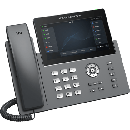 Teléfono IP Wi-Fi, Grado Operador, 12 líneas SIP con 6 cuentas, pantalla táctil  7", puertos Gigabit, Bluetooth, PoE, codec Opus, IPV4/IPV6 con gestión en la nube GDMS