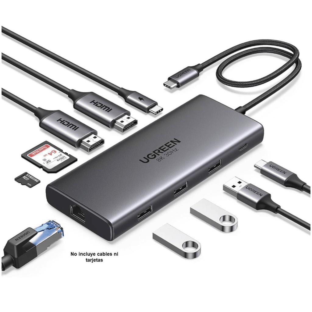 Docking Station USB-C Hub 10 en 1 UGREEN Revodok Pro 210 / Dual HDMI 4K 60Hz y 8K 30Hz / 3 Puertos USB-A + USB-C 3.0 / Carga PD 100W / Ethernet Gigabit 1000M / Lector Tarjetas SD y TF / Compatible Windows y macOS