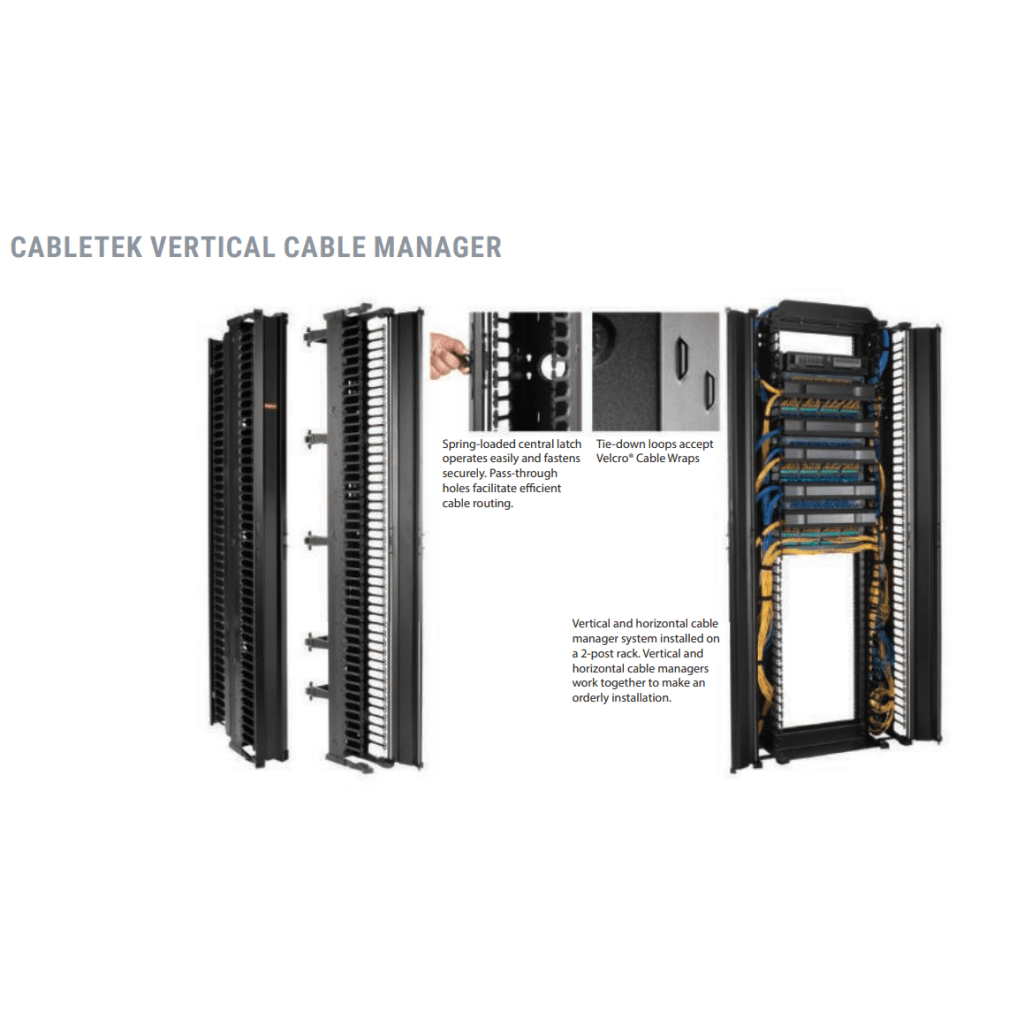Organizador Vertical CableTek, Sencillo (Solo Frontal), Para Rack Abierto de 45 Unidades, 6 in de Ancho, Color Negro