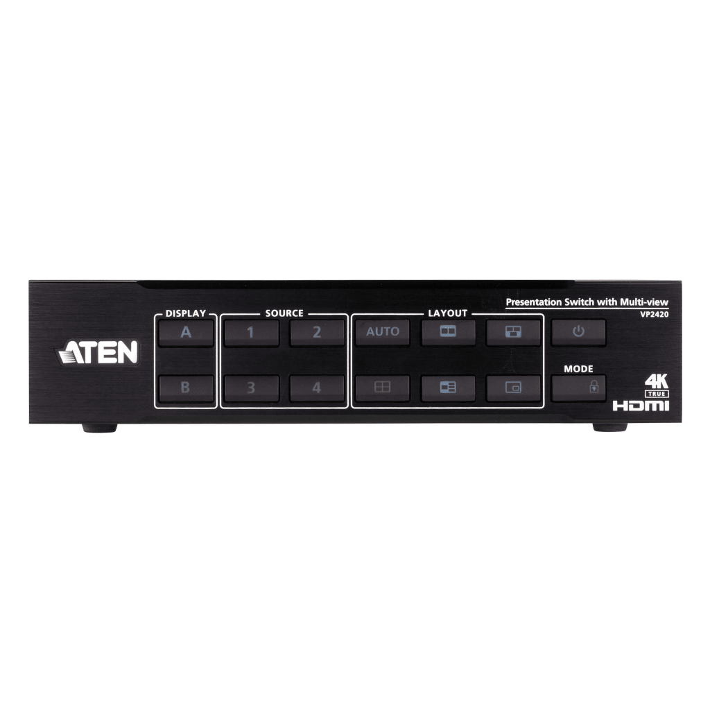Switch HDMI de Presentación 4x2 True 4K / Multi View / 4 HDMI Entradas / 2 HDMI Salidas / Escalador 4K Integrado / Control RS-232, IR, Telnet, Web GUI / Montaje en Rack / Modo de Espera para Ahorro de Energía