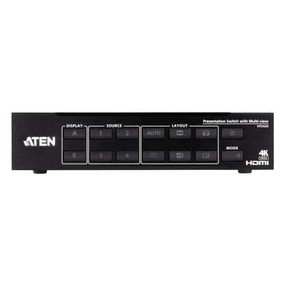Switch HDMI de Presentación 4x2 True 4K / Multi View / 4 HDMI Entradas / 2 HDMI Salidas / Escalador 4K Integrado / Control RS-232, IR, Telnet, Web GUI / Montaje en Rack / Modo de Espera para Ahorro de Energía