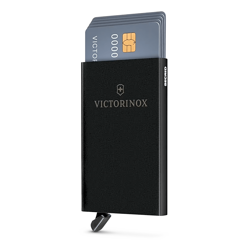 Tarjetero / Almacenamiento Seguro 4-6 Tarjetas / Aluminio Duradero / Protección RFID / Sistema Deslizamiento Patentado / Color Negro.