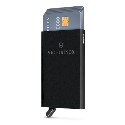 Tarjetero / Almacenamiento Seguro 4-6 Tarjetas / Aluminio Duradero / Protección RFID / Sistema Deslizamiento Patentado / Color Negro.