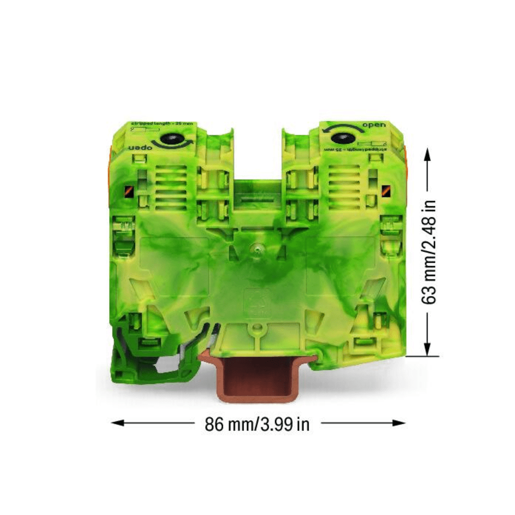 Borna de Tierra, 2 Conductores 35 mm², POWER CAGE CLAMP, Poliamida PA66, Montaje Carril DIN 35x15, Verde-Amarillo, Aplicaciones Ferroviarias y Marinas