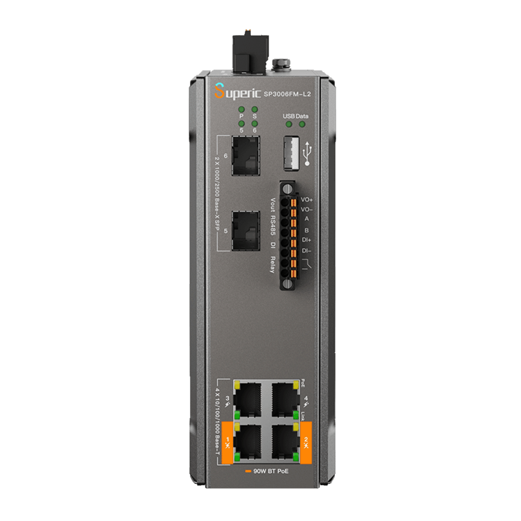 Switch Industrial Administrable / Gigabit con 2 Puertos PoE bt / 2 Puertos PoE af/at / 2 SFP Gigabit / Soporta RS485 / Presuepuesto PoE 128W