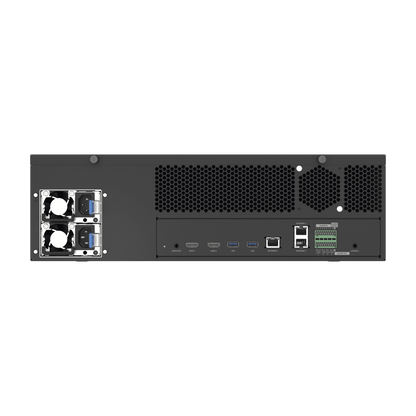 NVR de 64 canales / Soporta grabación hasta 32 MP / H.265 & Wisestream / Procesamiento 400 Mbps / 3 Puertos de Red / Raid 5-6 / 160 TB incluidos