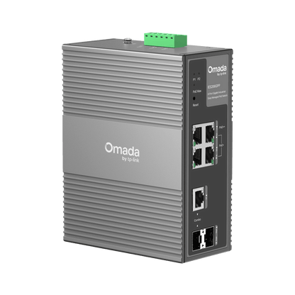 Switch Industrial Easy Managed / 6 Puertos Gigabit (4 PoE) / 120W PoE Budget / IP40 / -40°C a 75°C / 6kV Protección Rayos / Cloud Management Omada / DIN-Rail