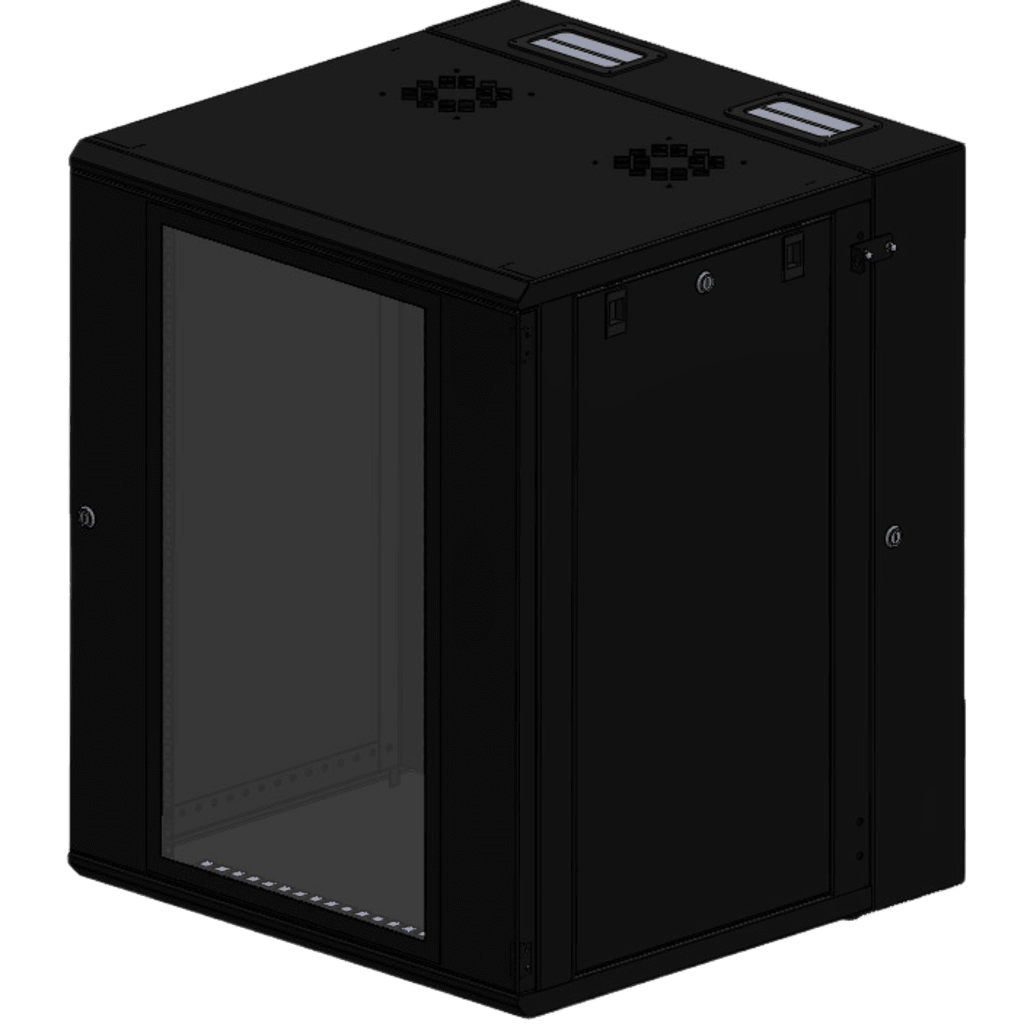 Gabinete Rack / 16 Unidades Rack (UR) / Puerta Cristal Templado / Montaje Pared / Acero Calibres 18-22 / Abatible 120° / Ventilación 120 mm