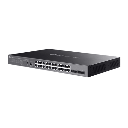 Switch Omada L3 SDN Administrable / 24 puertos PoE af/at Gigabit y 4 puertos SFP+ / Presupuesto PoE 720W / Funciones RIP, VRRP, Servidor DHCP / Administración centralizada OMADA / Fuente Redundante