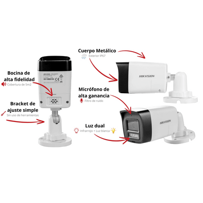 [Audio Bidireccional + Dual Light + ColorVu] Bala TURBOHD 3K  (5 Megapixel) / Lente 2.8 mm Angulo de vision 112° / 30 mts IR EXIR + 20 mts Luz Blanca / Micrófono y Bocina Integrado / Exterior IP67 / Metal / dWDR