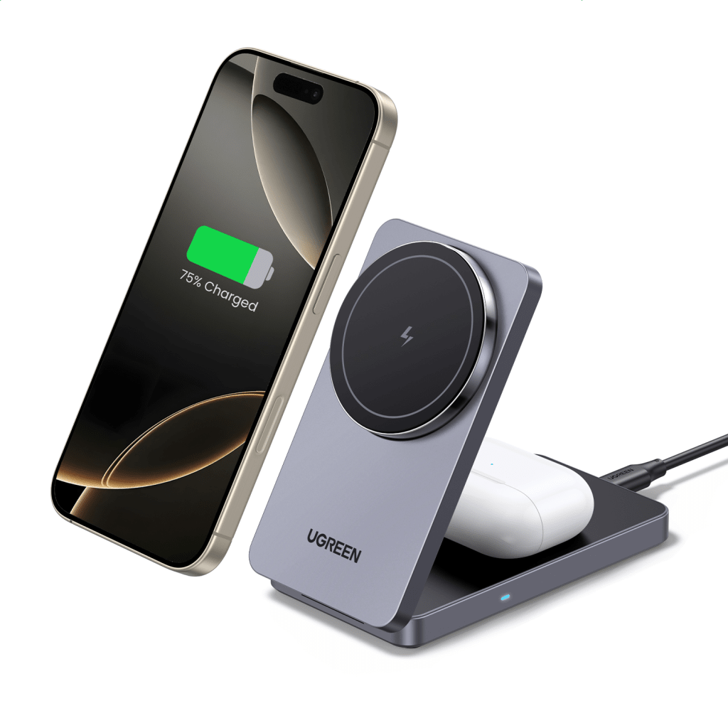 Cargador Inalámbrico 2 en 1 20W / Tecnología Qi2 15W Certificada / Carga Simultánea iPhone y AirPods / Ángulo Ajustable 70° / Diseño Plegable y Portátil / Compatibilidad Universal