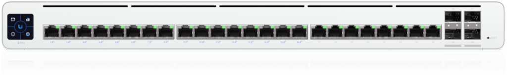 UISP Switch Pro – Switch PoE de 220 W (27 V) con 24 Puertos GbE, 16 Puertos PoE Pasivo 27 V y 4 Puertos SFP+ 10G