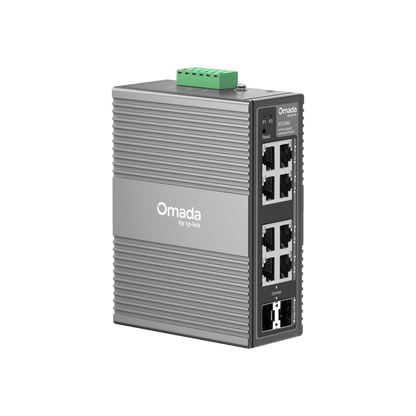 Switch Industrial Omada Easy Managed / 8 Puertos Gigabit (6× RJ45 + 2× RJ45/SFP Combo) / 16 Gbps Switching / -40°C a 75°C / Protección Rayos 6kV / Gestión Cloud / Montaje DIN Rail o Pared / IP40