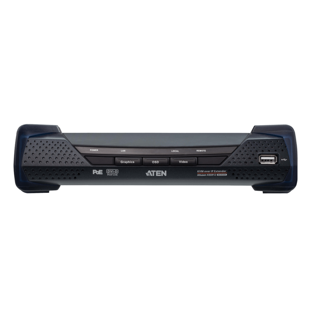 Receptor KVM por IP | DVI-D Dual Link 2K | PoE | Resolución 2560x2048 | SFP 10 km | AES-128 | Audio Estéreo | RS-232 | Montaje Rack