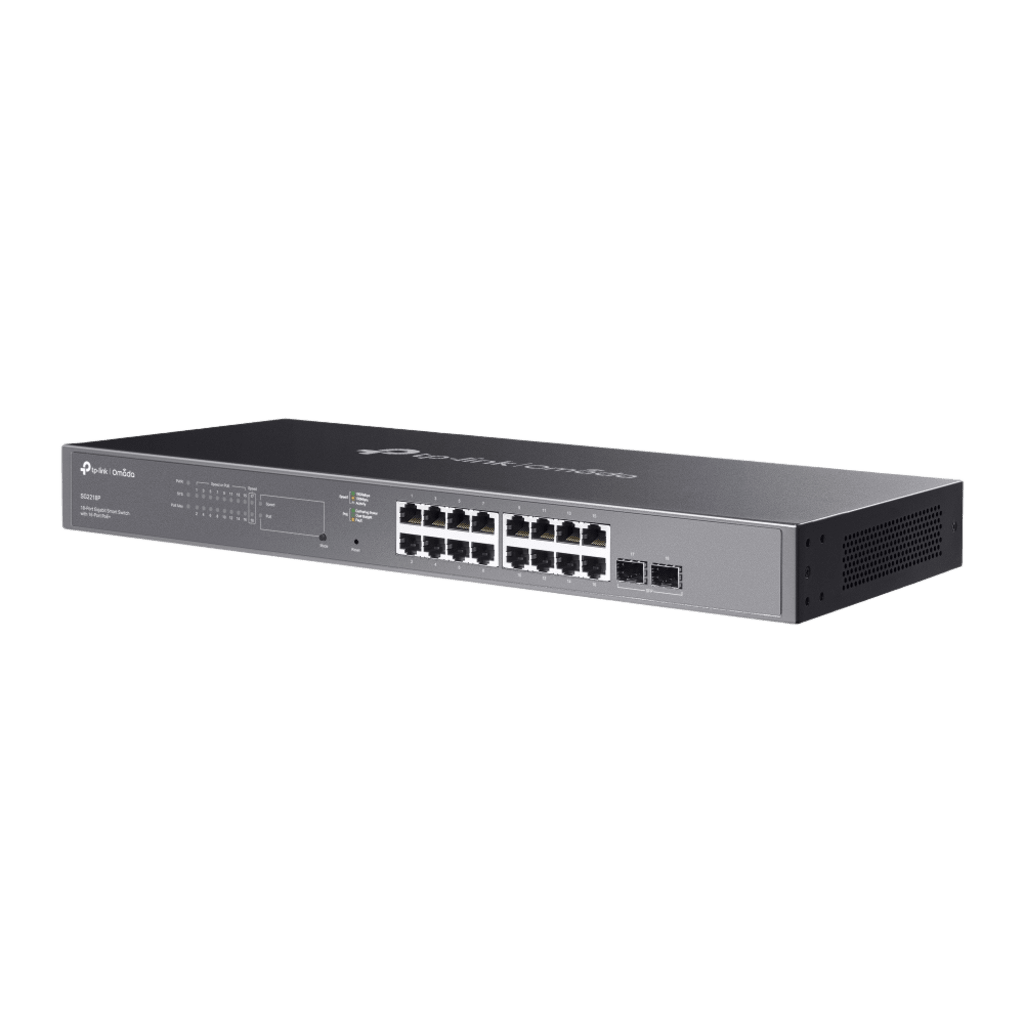 Switch Smart Omada 18 Puertos Gigabit / 16 Puertos PoE+ 802.3af/at / 2 Ranuras SFP Gigabit / Presupuesto PoE 150 W / Switching 36 Gbps / Enrutamiento Estático L2+ / Gestión Cloud SDN / Fanless / Montable en Rack